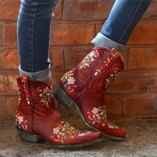 Embroidered Pointed Toe Women's Low Boots