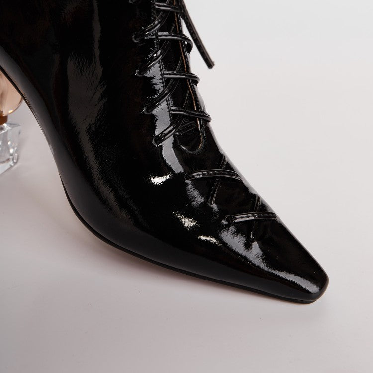 Women's Lace-up Zippered Crystal Heel Leather Martin Boots