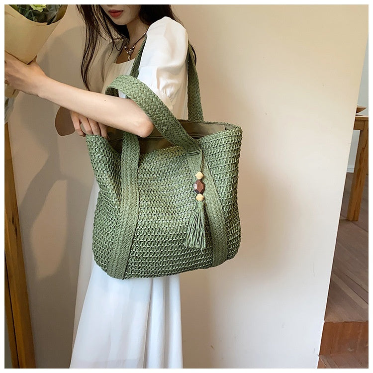 Fashion Shoulder Paper String Straw Mahogany Pendant Casual Beach Women's Bag