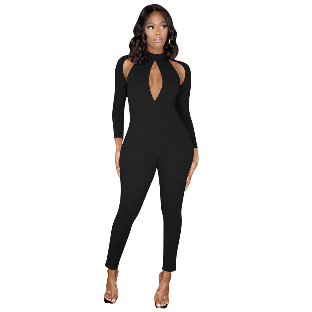 Women's Solid Color Long-sleeved Invisible Cut-out Jumpsuit