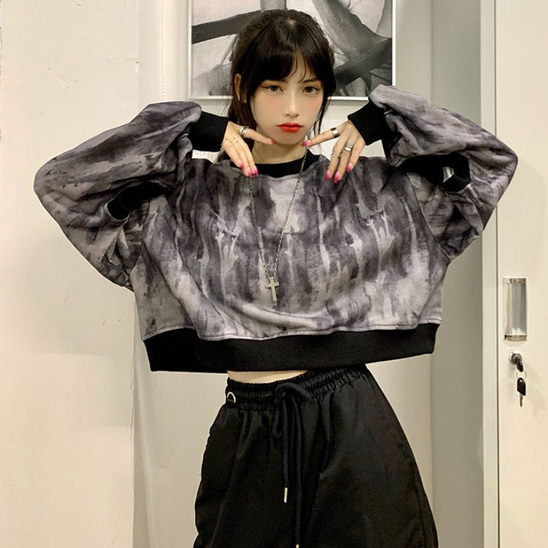 Women's Autumn Short Sweater Harajuku Style Tie Dye Long Sleeve Loose