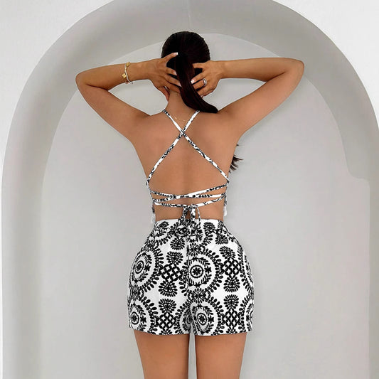 Women's Printed Tassel Top And Shorts Set