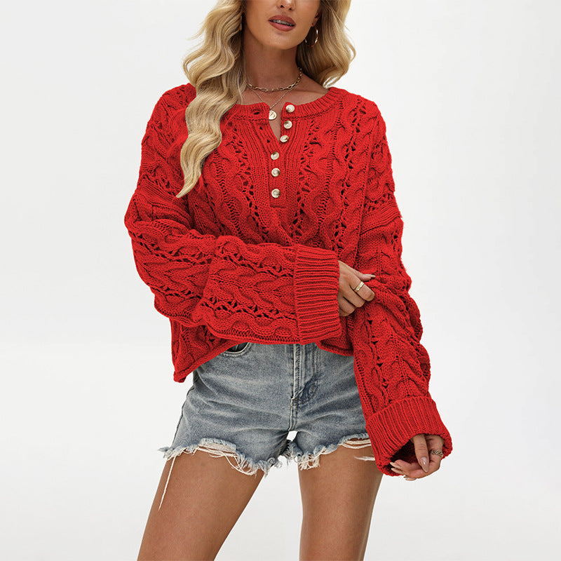 Loose Solid Color Pullover Short Knitted Button Sweater