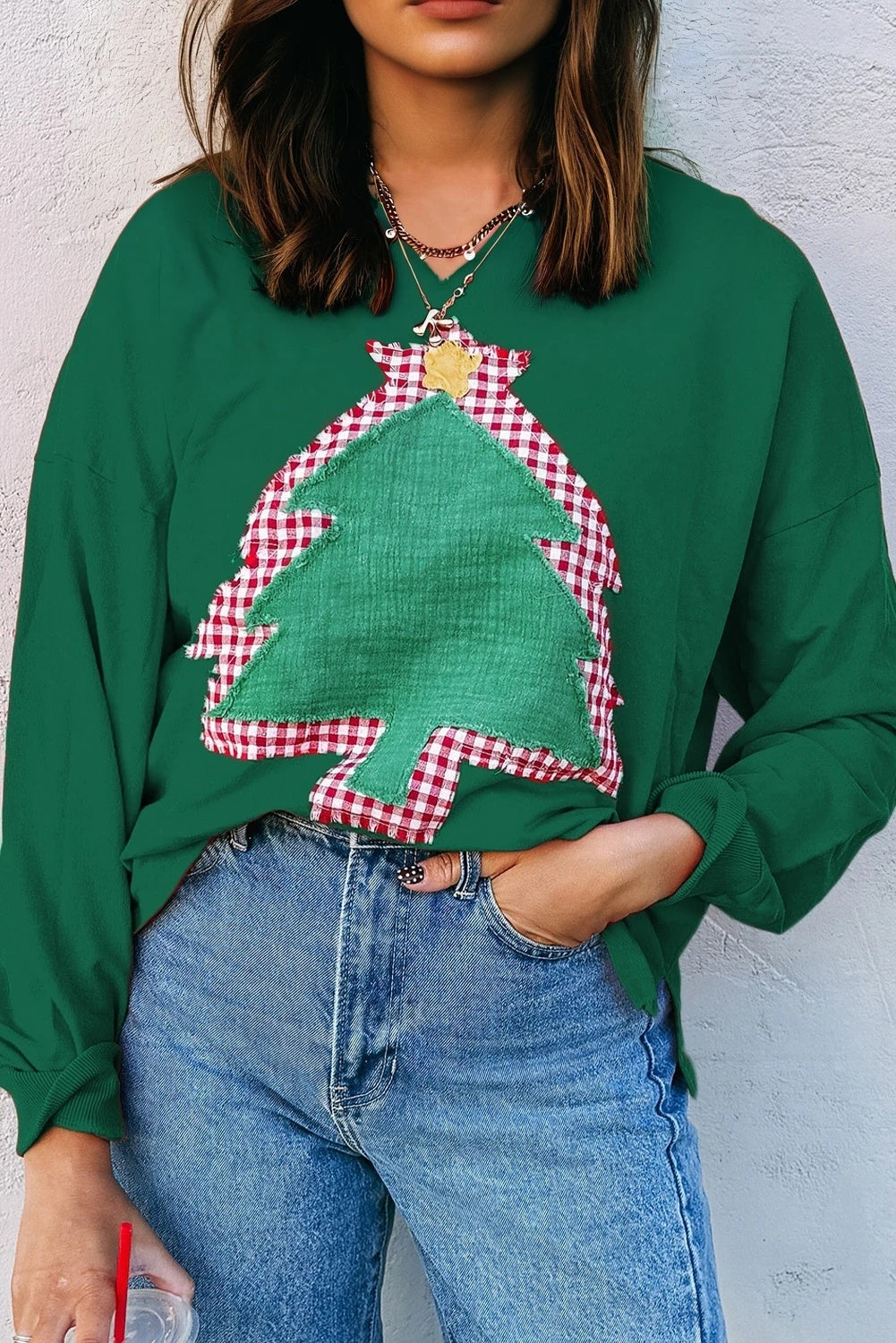 Dame juletræslappet off-shoulder sweater