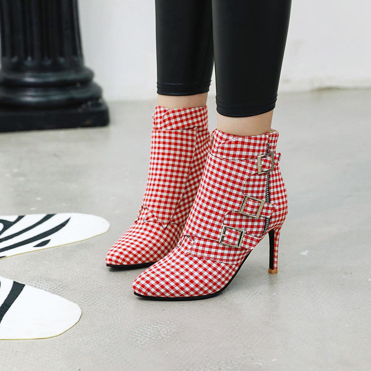 Women's Plaid Short High Heels Knight Boots
