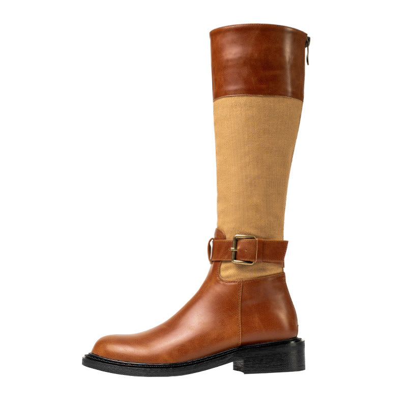 Color-block High-top Knight Boots Back Zipper Mid-heel Women's Boots