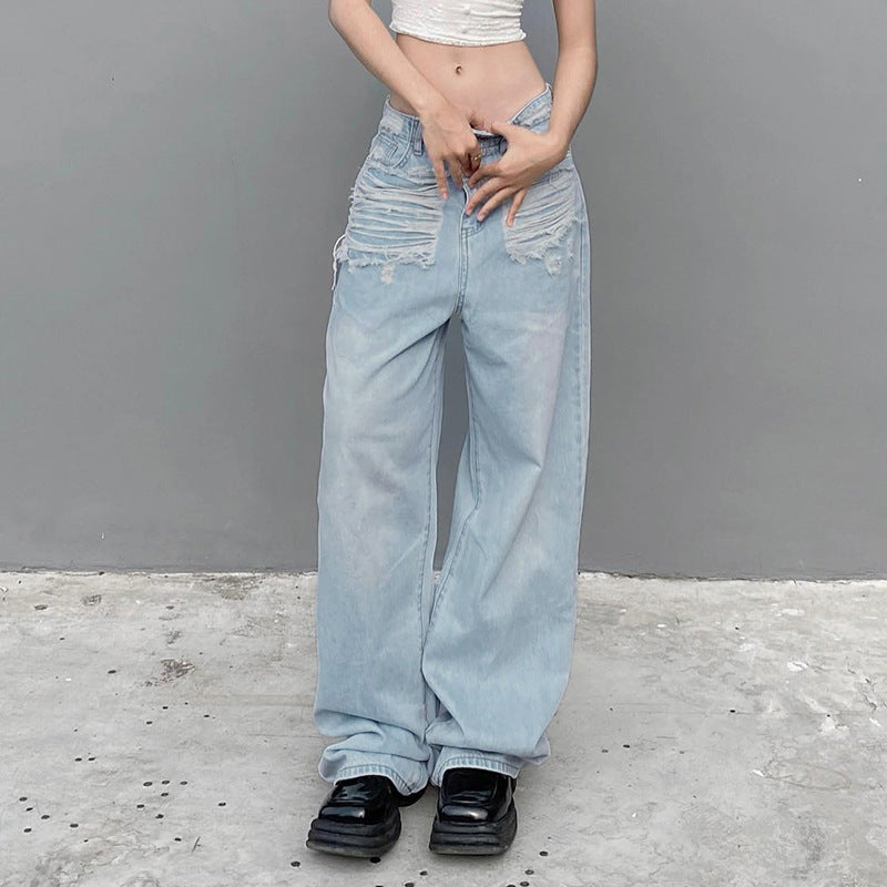 Women's Fashionable Ripped Denim Trousers