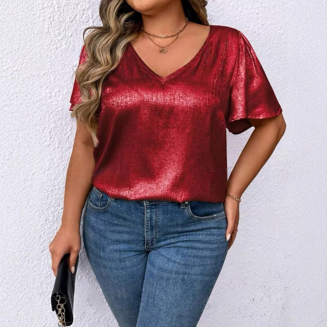 Loose-fit V-neck Solid-color Short-sleeve Top
