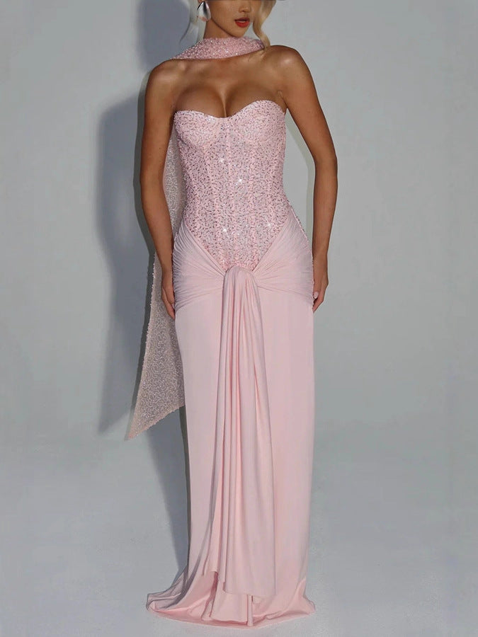 Evening Dress Long Skirt Waist-cinching Slim Ribbon Strapless Elegant Dress