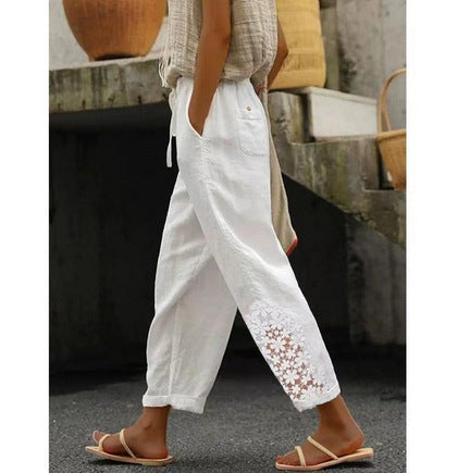 Stitching Women's Clothes Casual Pants Elegant Cotton And Linen Ol Cropped Pants