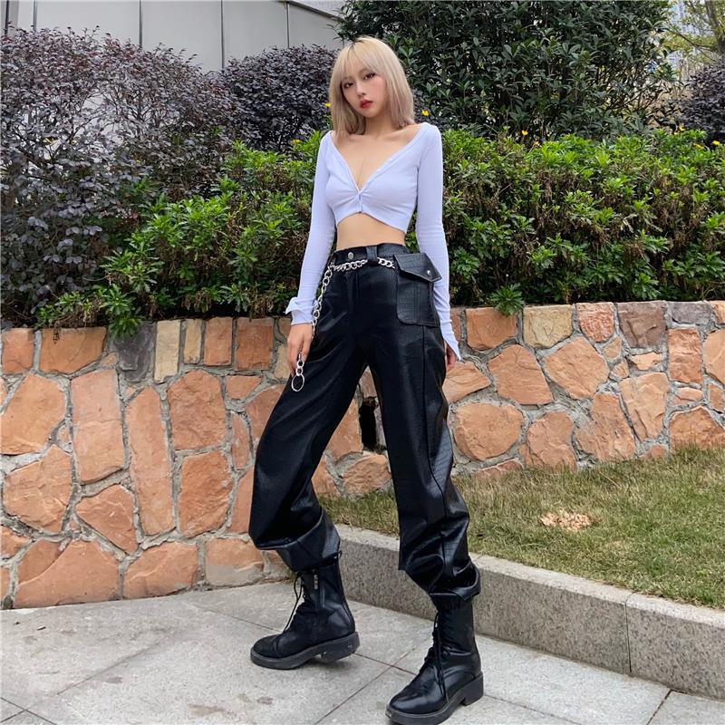 Women's Black Scaly Leather Overalls