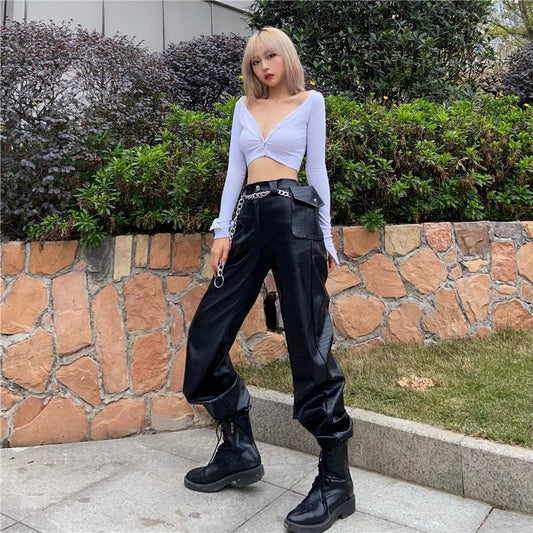Women's Black Scaly Leather Overalls