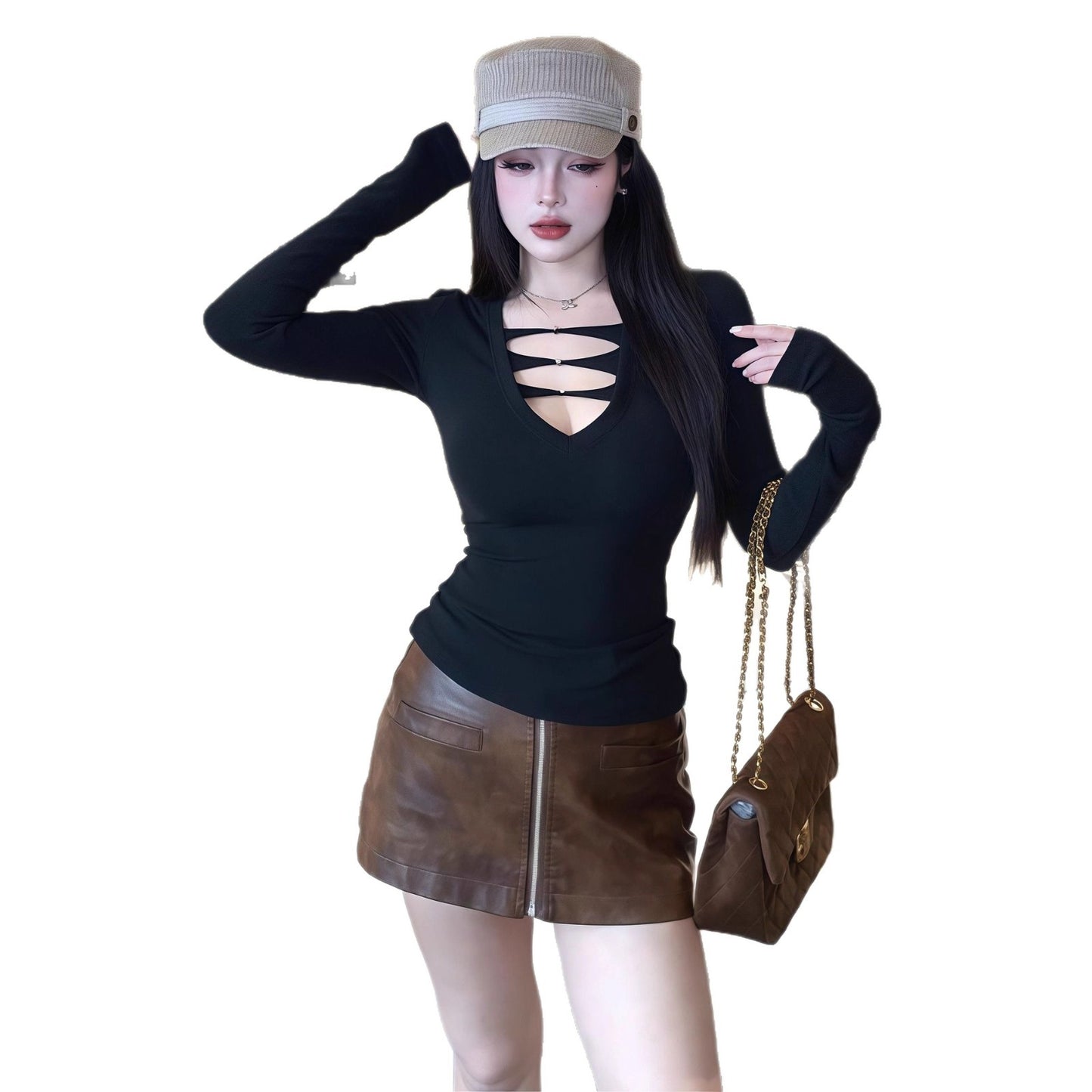 Top Donna a Maniche Lunghe a Colore Unito con Scollo a V e Dettaglio Trasparente