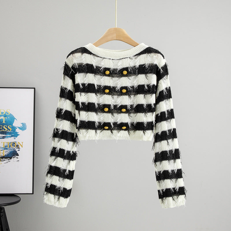 Langærmet Sweater Design Fransk Stil Off-the-neck Strikket Top