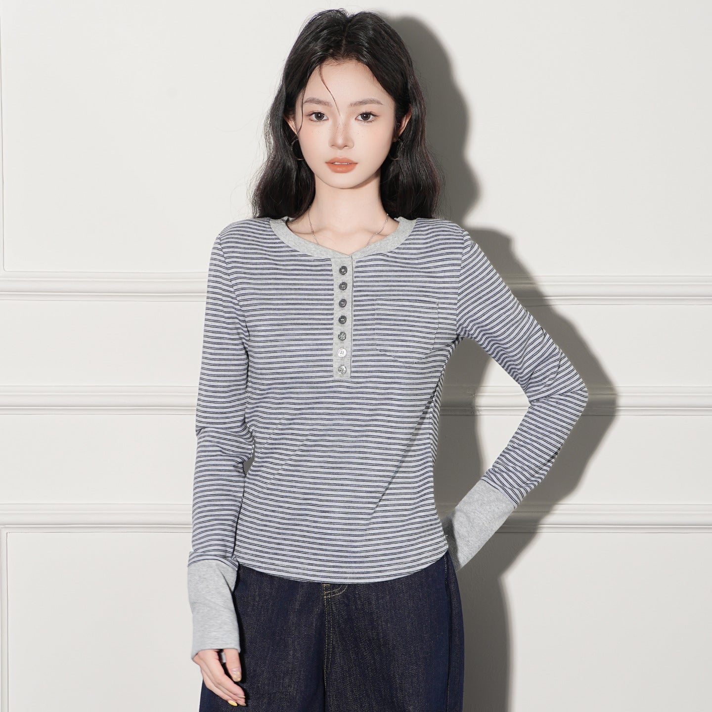 Striped Half-open Collar Long-sleeved T-shirt For Women
