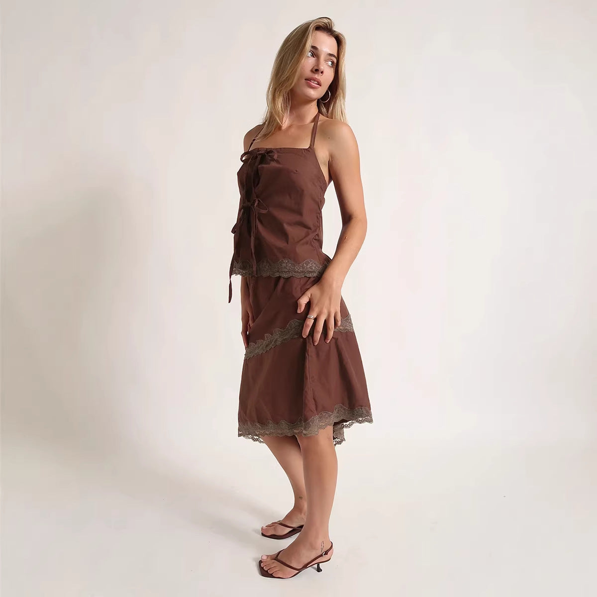 Strapless Halter Top With Ties Lace-trimmed Short Skirt Set
