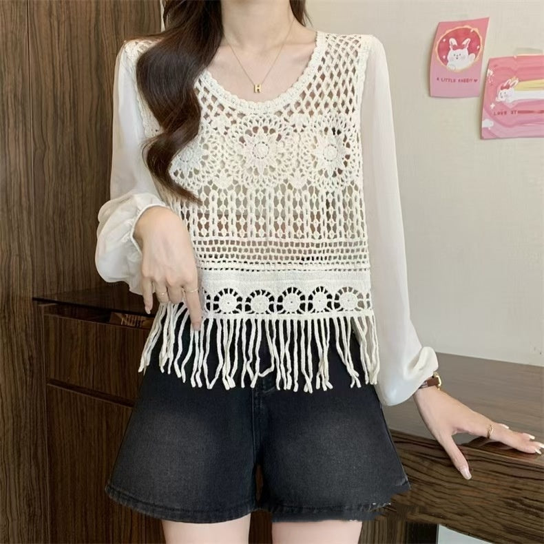 Women's Tassel Age-reducing Chiffon Patchwork Lace V-neck Shirt