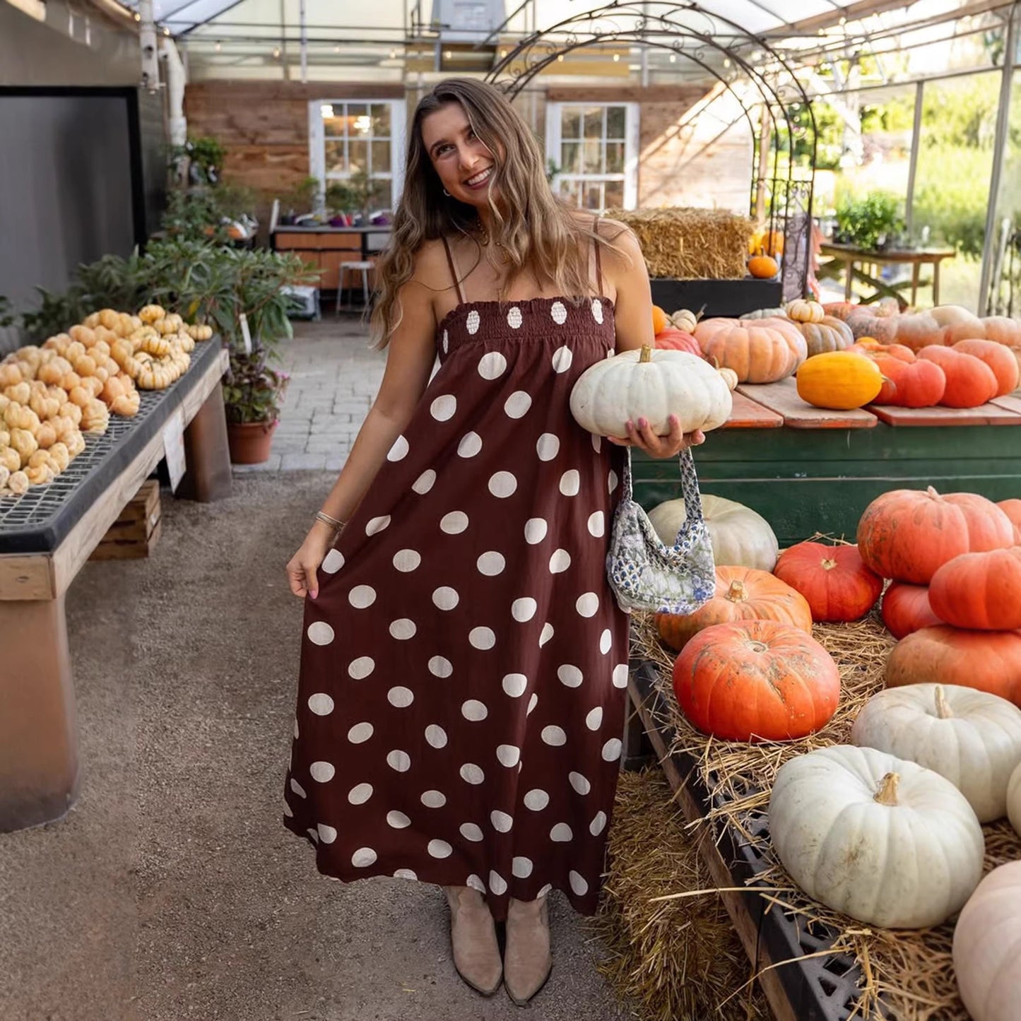 Summer Long Dress With A Polka-dot Print