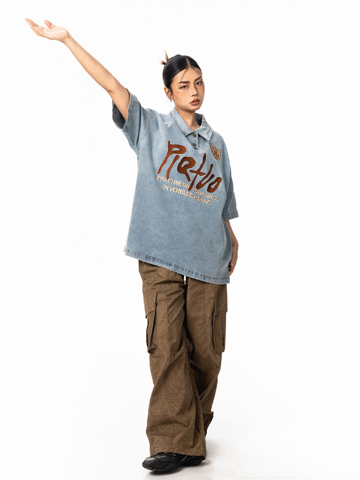 Embroidered Denim Short Sleeve Retro Neutral Loose