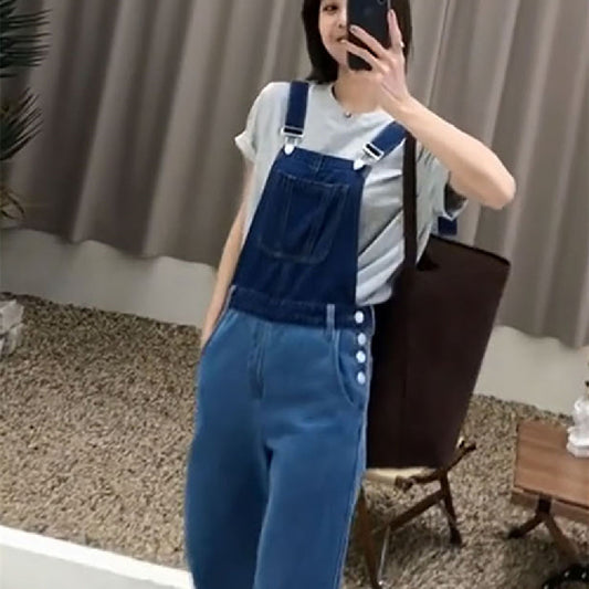 Vintage High Waist Denim Strap Pants Female