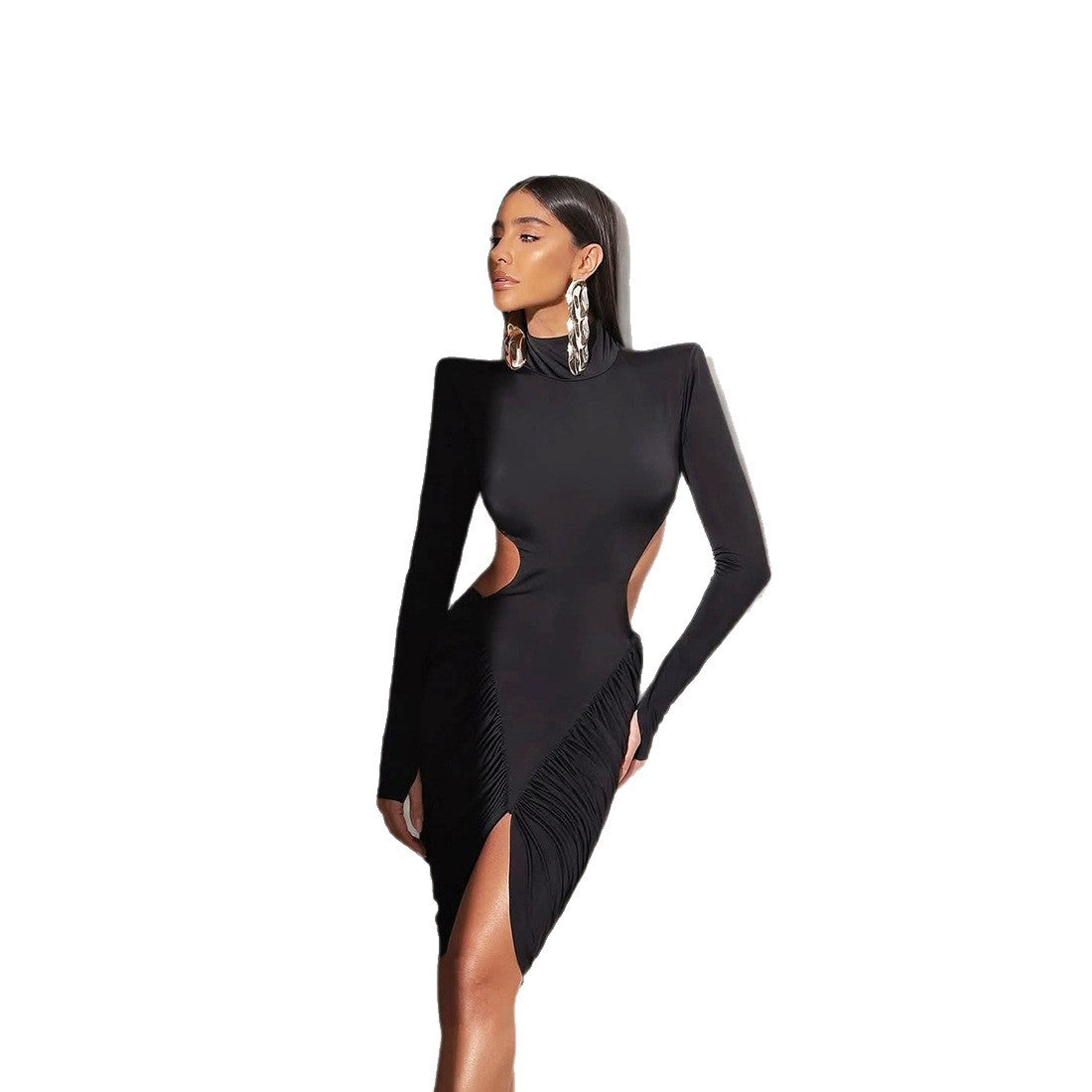 New Autumn High-Neck Pleated Bodycon Long-Sleeve Dress