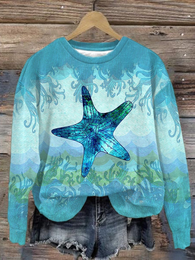 Kvinders Efterårs- og Vintertrends Digitaltrykt Rundhalset Sweater med Slidsede Skuldre og Lange Ærmer