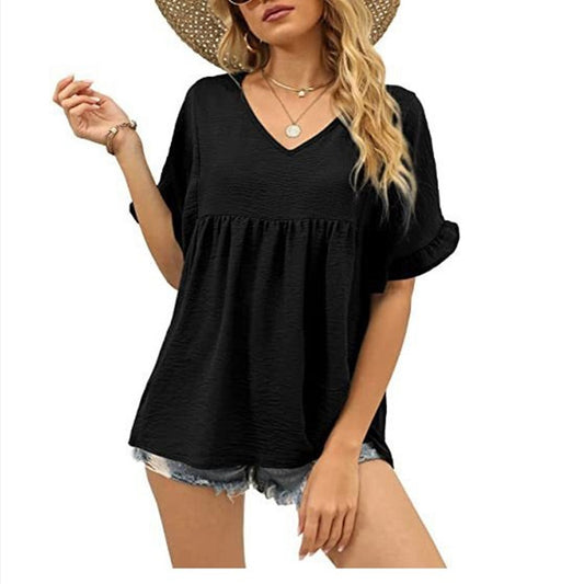 Summer Casual Ruffled Pleated T-shirt Loose Top