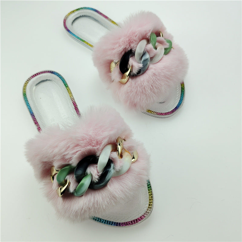 Flat Bottomed Jelly Transparent Large Size Sequined Chain Women's Sandals And Slippers