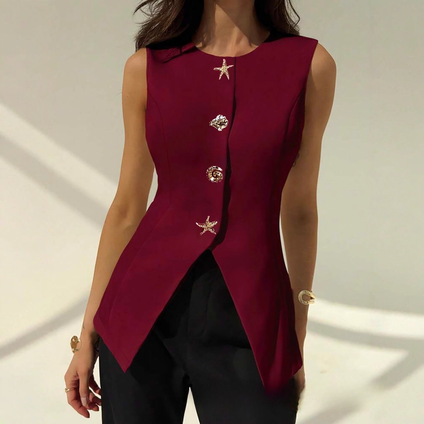 Fashionable Sleeveless Waist-cinching Versatile Button Women's Vest