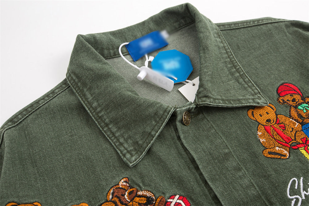 Washed Denim Coat Cartoon Animal Bear Embroidery