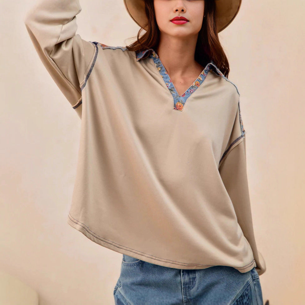 French Casual Loose Lapel Patchwork Fabric Women's Hoodie