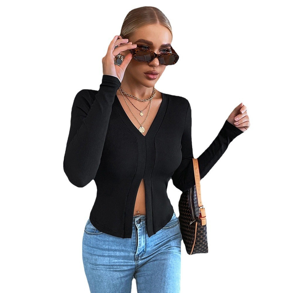 Casual Commuting Long Sleeve Slim Fit Cropped Split Neck Women's T-Shirt