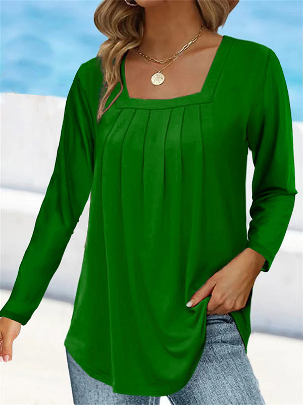 Women's Pleated Square Collar Long Sleeve Imitation Cotton Large Size T-shirt
