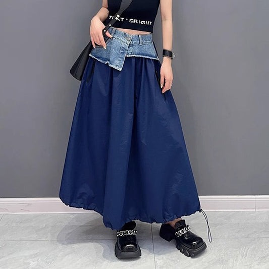 Women's American-style Color Contrast Patchwork Denim Skirt