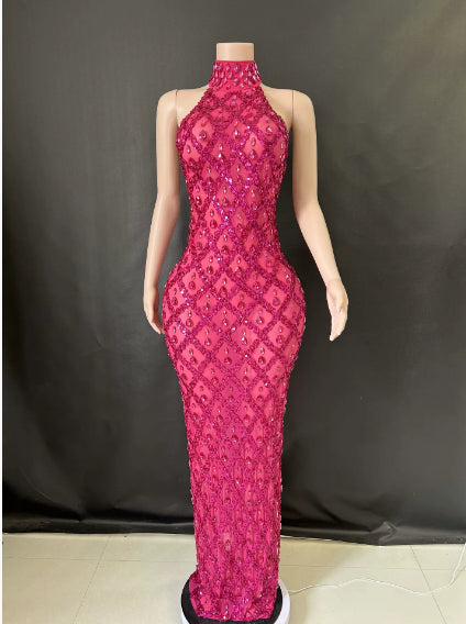 Shimmering Rhinestone High-neck Sleeveless Sexy Mesh Sheer Plaid Evening Gown