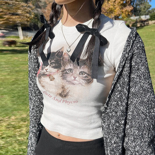 European And American Women's New Casual Round Neck Cute Cat Print Top