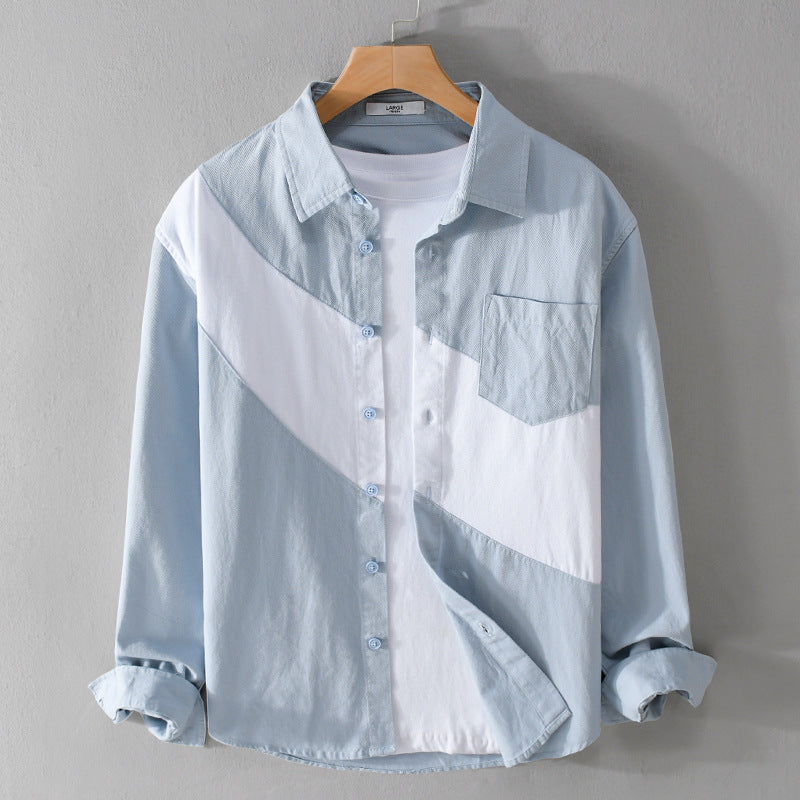Men's Clothing Leather Stitching Long-sleeved Shirt