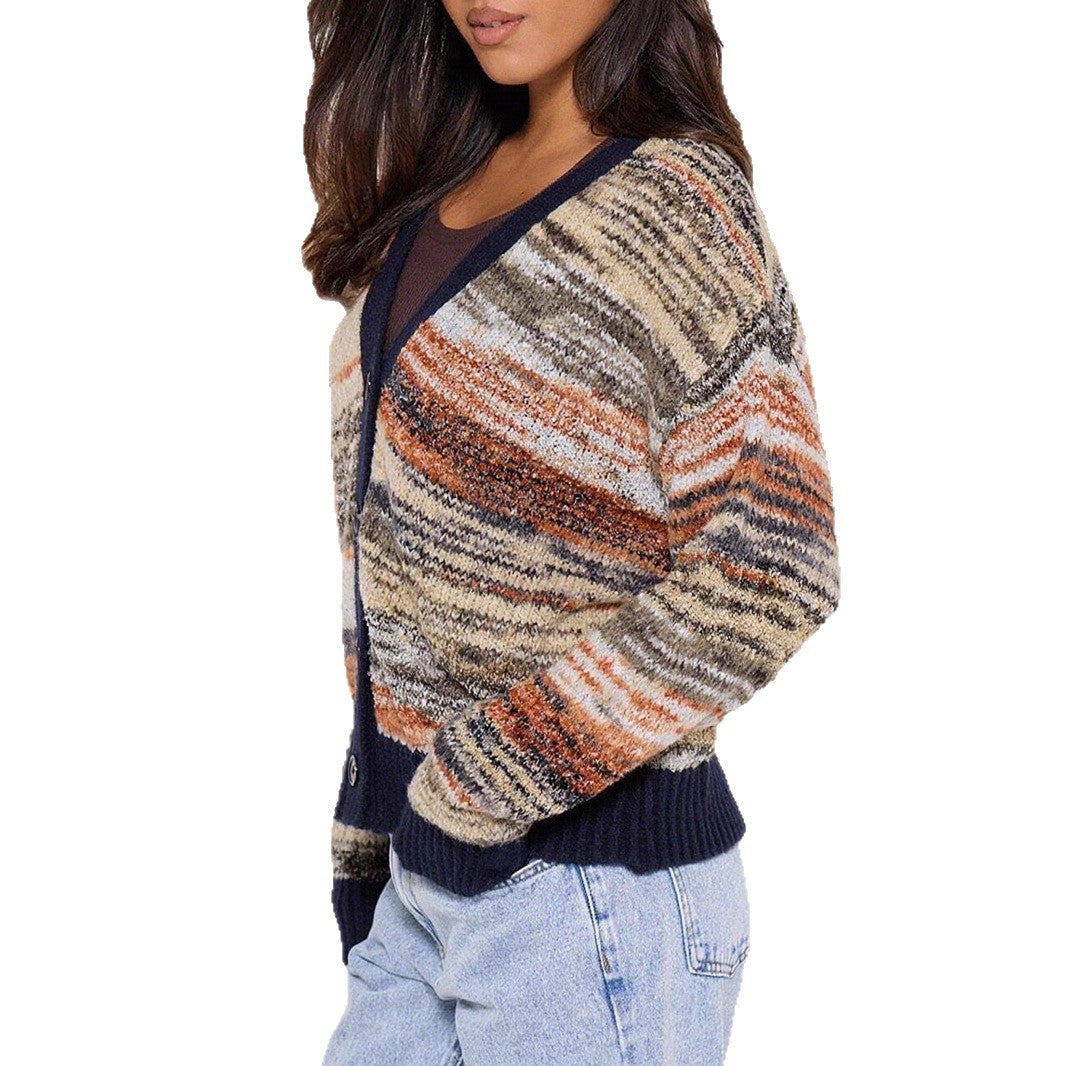Gradient Striped V-neck Knitted Cardigan Women's Color-contrasting Stripe Retro Short Fashionable Blended Sweater Coat