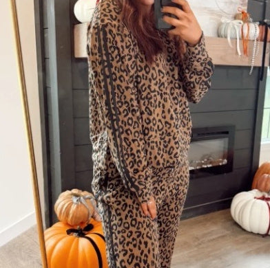 Brown Striped Design Leopard Print Long Sleeve Top Drawstring Pants Suit
