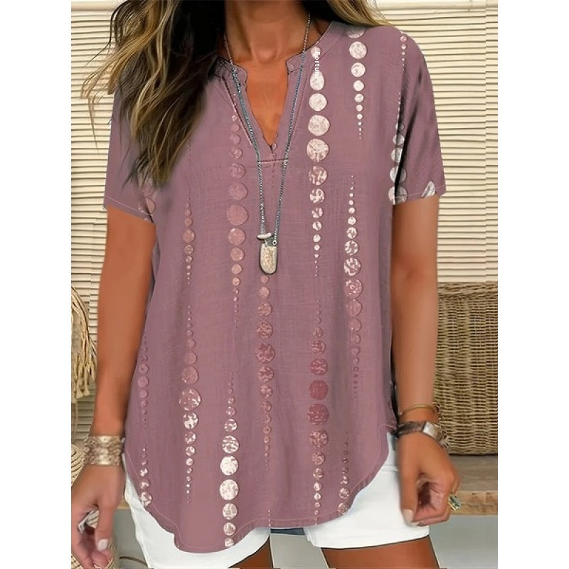 Printed Women's Spring And Summer Loose V-neck Short Sleeve Top 3D