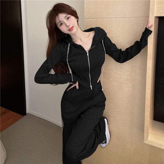Women's Long-sleeved Sweatshirt High-waisted Casual Wide-leg Pants Two-piece Set