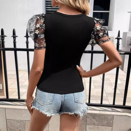 Puff Short Sleeve Solid Color Slim-fit T-shirt With Round Neck
