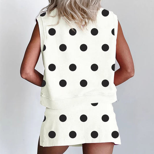 Womens Polka-Dot Printed Two-Piece Skirt Set