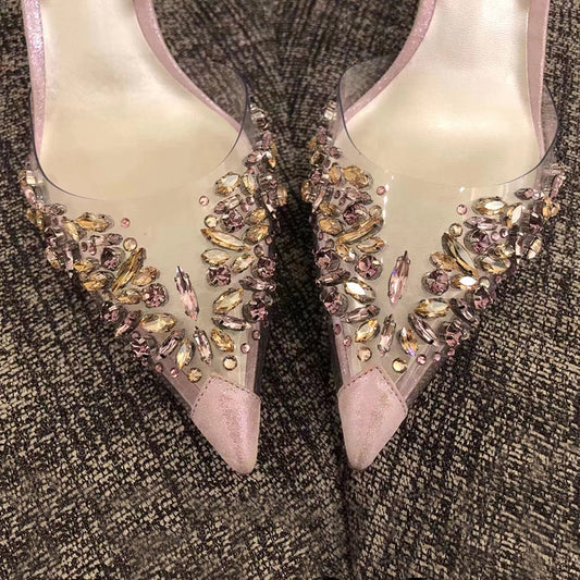 Transparent Rhinestone Pointed Toe Buckle Back Strap Sandals