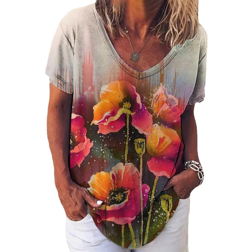 Women's Cotton Short-sleeved T-shirt V-neck Floral Print