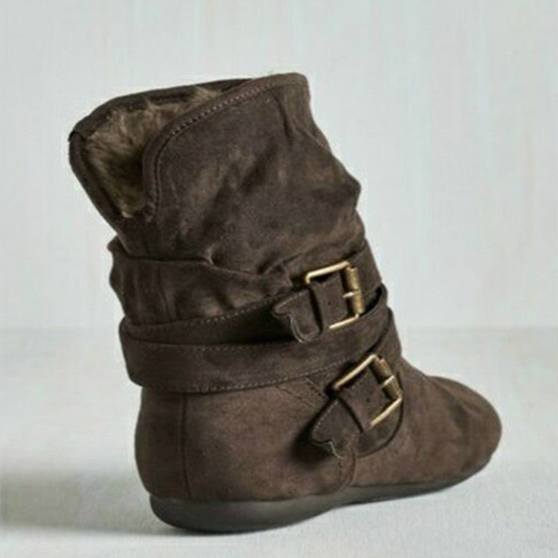 Women's Cotton And Velvet Ankle Boots Padded Shoes Flat Buckle