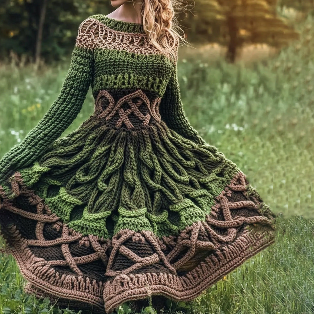 Højhalset kjolesweater med retro-kabelstrikket design og lange ærmer