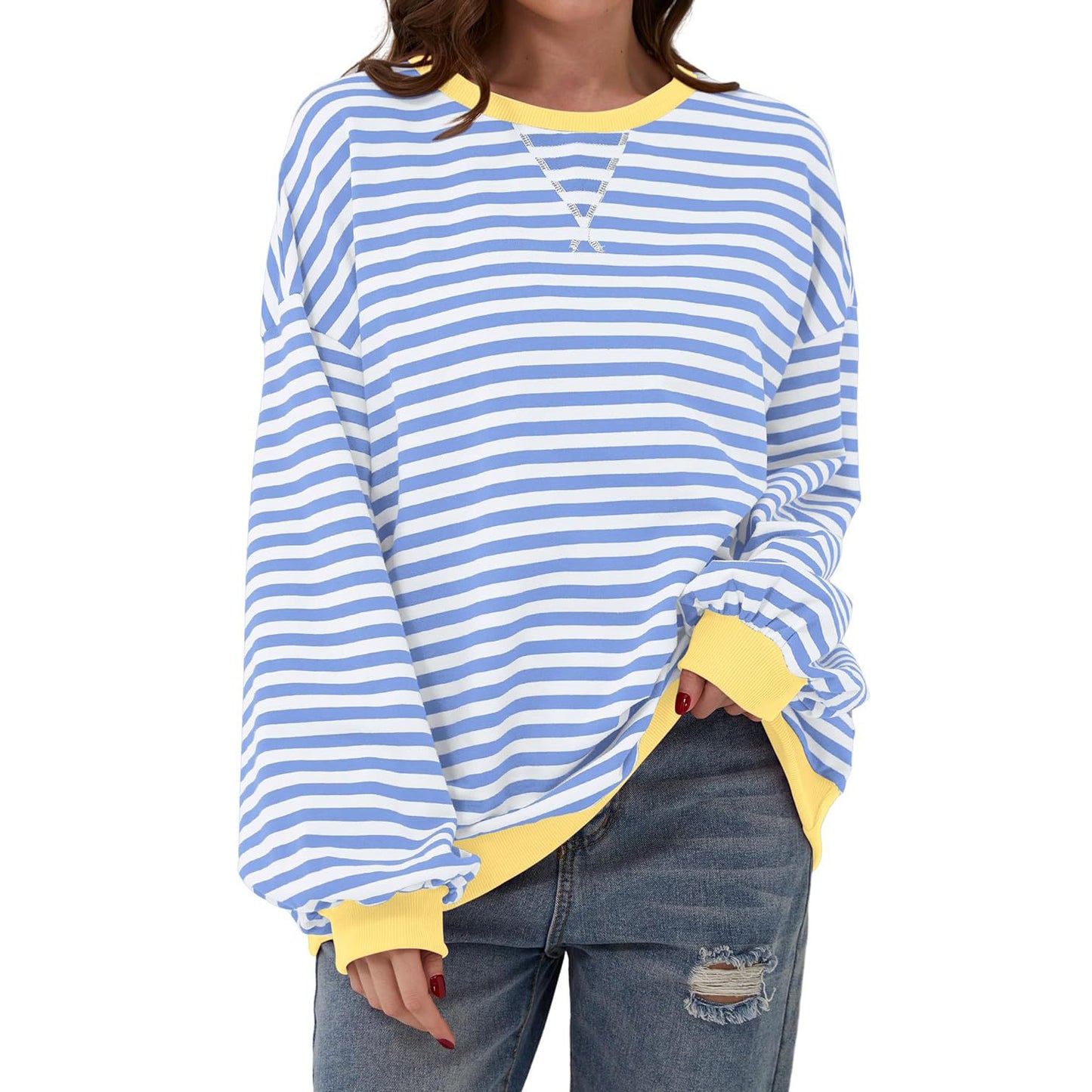 Løs stribet langærmet T-shirt afslappet pullover sweater til dametøj