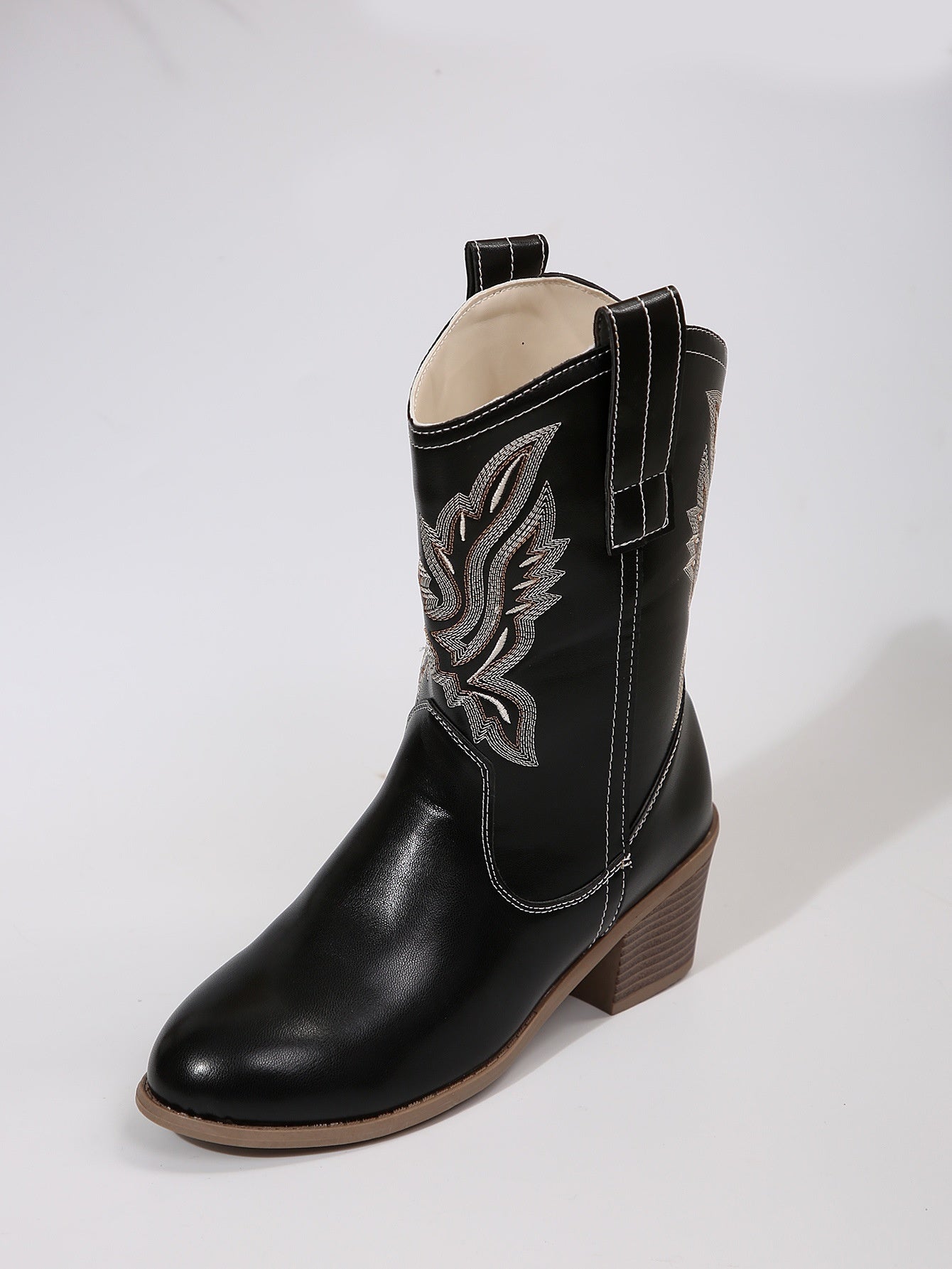 V Cut Embroidered Sleeve Thick Heel Middle Denim Women's Boots