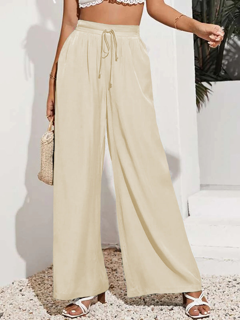 European And American Summer Pure Color Elastic Waist Lace-up Loose Wide-leg Pants